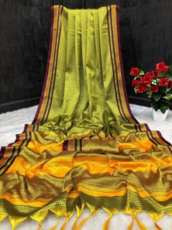 Darshan Woven, Embroidered, Checkered Banarasi Cotton Silk, Cotton Blend Saree(Yellow)
