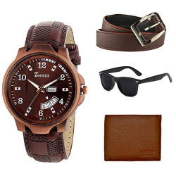 Zesta Analog Watch, Leather Wallet, Belt and Sunglass Brown Combo for Men
