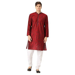 SOJANYA (Since 1958, Men's Cotton Silk Maroon Printed Kurta & White Churidar Pyjama Set, Size: 44