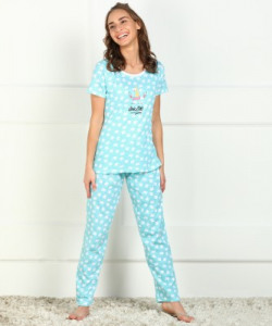 DreamBe Women Printed Light Blue, White Top & Pyjama Set