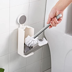 Nyarra Self Adhesive Magic Sticker Series Stainless Steel and ABS Wall Mounted Toilet Brush Holder with One Brush Handle and 2 Bristle (One Bristle Attached to Handle and One Extra in Pack)