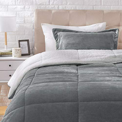 AmazonBasics Micromink Sherpa Comforter Set - Twin, Charcoal - with pillow cover