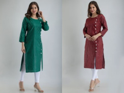 Akshara Textiles Women Striped Straight Kurta(Green, Maroon)