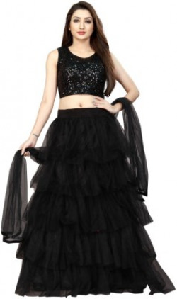 Arvika Solid Semi Stitched Lehenga Choli(Black)