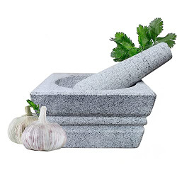 EZAHK Square Model Stone Mortar and Pestle Set, Okhli Masher, Khalbatta, Grinder Mixer for Spices, Kitchen, Home and Herbs (5 inch) - Grey