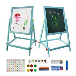Kids Easel Wooden Double-Sided Whiteboard & Blackboard for Toddlers Height Adjustable Writing Board for Kids Learning with Magnetic Letters Numbers and Other Accessories