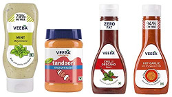 Veeba Mint Mayonnaise, 300g and Tandoori Mayonnaise, 250g - Pack of 2Veeba Hot Garlic stir-Fry Sauce, 330g and Chilli Oregano Sauce, 350g - Pack of 2