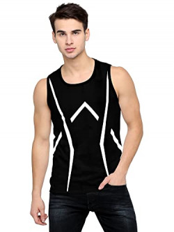 Jump Cuts Men's Printed Round Neck Sleeveless Black and White Cotton Slim Fit Vest