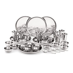 Attro Stainless Steel Dinner Set of 6 Thali, 6 Plate, 12 Bowl, 6 Glass, 6 Spoon (Thali Diameter 12 inch) - Set of 36, Silver, Standard