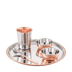 Attro Royal Stainless Steel Copper (Costeel) Traditional Hammered Finish Dinner Set/Thali Set, 5 Pieces (ATTRO_ROYALCOSTL_DN_Set)