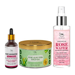 TNW-The Natural Wash Skincare Combo of 3 with Pure Aloe Vera Gold Gel, Steam Distilled Rose Water & Pore Minimizing Face Serum | Reduces Open Pores & Hydrates Skin | Paraben & Sulphate-Free