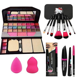 Women's & Girl's TYA 6155 Multicolour Makeup Kit and 7 Pcs Black Makeup Brushes Set, 3in1 Eyeliner,Mascara,Eyebrow Pencil with 2 Pink Beauty Blenders - (Pack of 13)