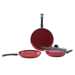 Wonderchef Valencia Non-Stick Cookware 4 Piece Set | Kadhai with Lid 24 cm, Fry Pan 24 cm, Dosa Tawa 28 cm | Cool Touch Bakelite Handles | Pure Grade Aluminium| PFOA Free| 2 Years Warranty | Red
