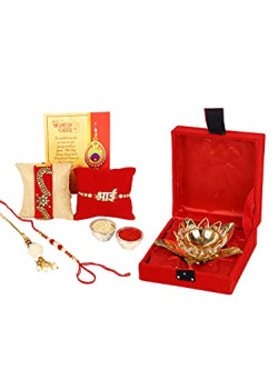 CraftVatika Rakhi for bhaiya bhabhi and kids with Gift Box Combo, with Crystal Lotus Shape Diya (Gold) With Set of Rakhis ( Dora Rakhi, Bhai Rakhi, Lumba Rakhi, Velvet Rakhi) and Greeting Card