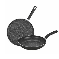 BERGNER Aluminium Essential Plus Non Stick Cookware Set, 2Pc (Dosa Tawa 28Cm, Frypan 24Cm 1.8 L Induction Compatible, Bakelite Handles, Pfoa Free, Black