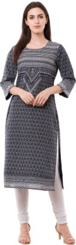 Ortange Women Printed Straight Kurta(White, Blue)