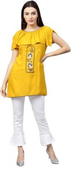 Ratnavati Party Short Sleeve Embroidered Women Yellow Top