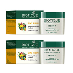 Biotique Fruit Brightening Depigmentation and Tan Removal Face Pack| Ayurvedic and Organically Pure| Tan Removal Face Pack for All Skin Types|100% Botanical Extracts| 75gm (Pack of 2)