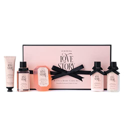Kimirica Love Story Luxury Bath and Body Care Gift Box | Bath Salt, Body Wash, Body Lotion, Bathing Bar and Hand cream | Pack of 5 | For Men and Women | Pampering Kit for Anniversary, Birthday & All Special Occasions | Premium Packaging