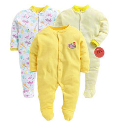 EIO 100% Cotton Rompers Sleepsuits Jumpsuit Night Suits for Infants Newborn Baby Boys & Girls Pack of 3 (0-3 Months, Yellow)