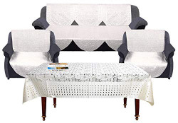 Heart Home Flower Design Shining Cotton 7 Piece 5 Seater Sofa Cover with Center Table Cover (Cream) (CTHH05851)