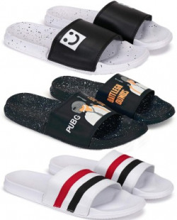 Monoction Combo Pack of 3 Pair PUPG Smiley & Reguler stylish Flip Flop Slides Slipper for Men(Smiley-pupg.bk-202-white) Slides(White 10)