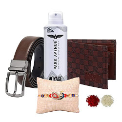 Inacrafts Hub Fancy Designer Rakhi, Relish Reversible Belts, PU Leather Wallet, Mens Deodorant Combo Pack for Brother,Bhaiya | Rakshabandhan gift for Bro, Bhaiya with Roli, Chawal