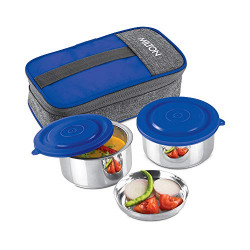 MILTON Pasto Lunch Box 2 Double Wall Stainless Steel Containers with Denim Insulated Jacket, Set of 2, 350 ml, Blue