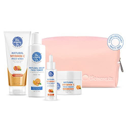 The Moms Co. Natural Glowing Vitamin C Complete Face Care Routine Kit l Face Wash I Toner I Serum I Cream l Free Vanity Bag I Pack of 500 gms