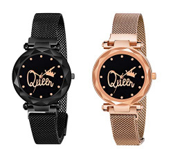 KIARVI GALLERY Casual Analogue Queen Dial Magnetic Strap Analog Watch for Girl's and Women (Pack of 2) (Black Gold)