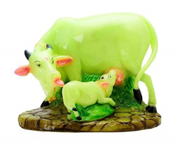 BRIJ HAAT Polyresin Kamdhenu Cow and Calf Showpiece for Home Decor and Decorative Gift Item Medium (Green)
