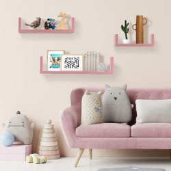 U V Wooden Handicrafts Floating Shelves U Shaped Composite Wood Wall Mounted Display Ledges for Bedroom, Living Room, Bathroom, Kitchen, and Office (Pink)