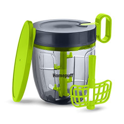 Home Puff 1000ml Fruit & Vegetable Chopper for Kitchen, 5 Stainless Steel Blades, Free lid for Storage Container, Unbreakable Plastic, Free Curd/Cream Whipper, Egg Beater, Made in India, with Warranty