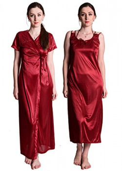 Senslife Women's Nightwear Sleepwear Solid 2pc Set of Satin Nighty with Robe Set SL018 (Maroon, Large)