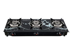 Sigri-Wala Delux Tornado Burner Toughened Glass Gas Stove (LPG Compatible) (Designer Manual Ignition, 3 Burner, Black)