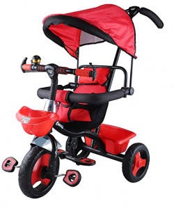 Popo Toys Benz Kids Tricycle | Baby Tricycle | Ride-On | 1.5 Years & Up | Cushioned Seat | Tool-Free Design | Parental Control Handle with Safety Belt & Canopy Umbrella | Cute Toy | RED