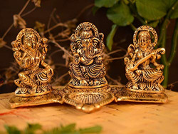 Collectible India Lakshmi Ganesha Saraswati with Diya Diwali Statue Idol - Puja Deepak- Showpiece Oil Lamp Diya Decorations (Set of 1)