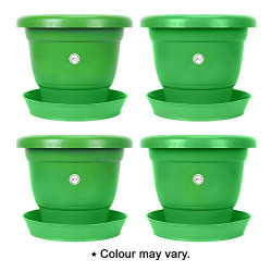 Kraft Seeds Gamla / Planter / Pot / 4 Pc Green Colour - 18 cm Diameter, 16 cm Height with Green Bottom Plate / Tray of 18cm Diameter (Multicolor)