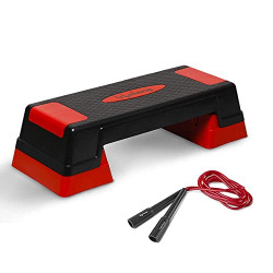 Lifelong Step Platform Aerobic Stepper Bench with Screw-Free Design Skipping Rope, Workout Deck with Adjustable Riser Height and PVC Jump Rope (Red and Black)