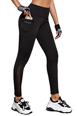 BLINKIN Gym wear Mesh Leggings Workout Pants with Side Pockets/Stretchable Tights/Highwaist Sports Fitness Yoga Track Pants for Women & Girls_2012 (Color_Black,Size_XL)