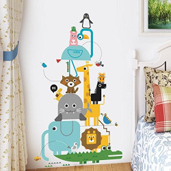 Decals Design 'Cute Children's Geometric Cartoon Animals Height Measurements Scale' Wall Sticker (PVC Vinyl, 60 cm x 90 cm)