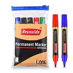 Reynolds Permanent Marker For Office and Home Use, Leak Proof Marker Pens with Unique Tip Stopper System | PM 5 MARKERS POUCH, 2 BLACK, 1 BLUE, 1 RED & 1 GREEN, Multicolor (REY-8904379403412)