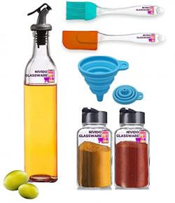 Nivido Enterprise Oil Dispenser Bottle for Kitchen 500ml - Pack Of 1, Spice Jar 120ml - Pack Of 2, Oil Brush Spatula (Multicolour) & Foldable Funnel (Multicolour, Glass)