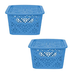 Cutting EDGE Unbreakable Plastic Turkish Baskets with Lid Fruit Vegetable Office Bathroom Stationary Home Rectangular Basket with Handle (Set of 2, Blue, Small, Dimension:- 23.5X17X10.1 cm)