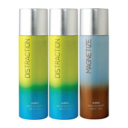 Ajmal 2 Distraction & Magnetize Deodorant Combo Pack of 3 Deodorants 200ml each (Total 600ML) for Men & Women + 1 Perfume Tester