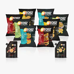 TagZ Assorted Packs with 2 dips| 2 Dips (Harisaa and Pepper Jack Cheese)| 8 Packs (2 Barbeque, 2 Cream n onion, 2 Masala, 2 Salt)
