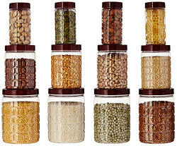Amazon Brand - Solimo Checkered Airtight Jar Set Of 12, Plastic, Brown