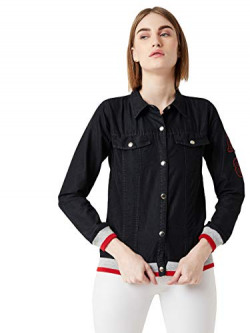 Miss Chase Women's Black Solid Bomber Jacket(MCAW19DEN05-39-62-02,Black,X-Small)
