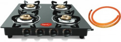 Pigeon Brunet 4 Burner Glass Cooktop with hose pipe Stainless Steel, Glass Manual Gas Stove(4 Burners)