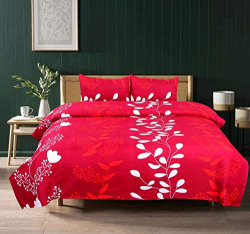 SHIVI CREATION 3D Printed 144TC Polycotton Breathable Fine Quality Double Bedsheet with 2 Pillow Covers - Red with White Leaves (Size-90*90inch)